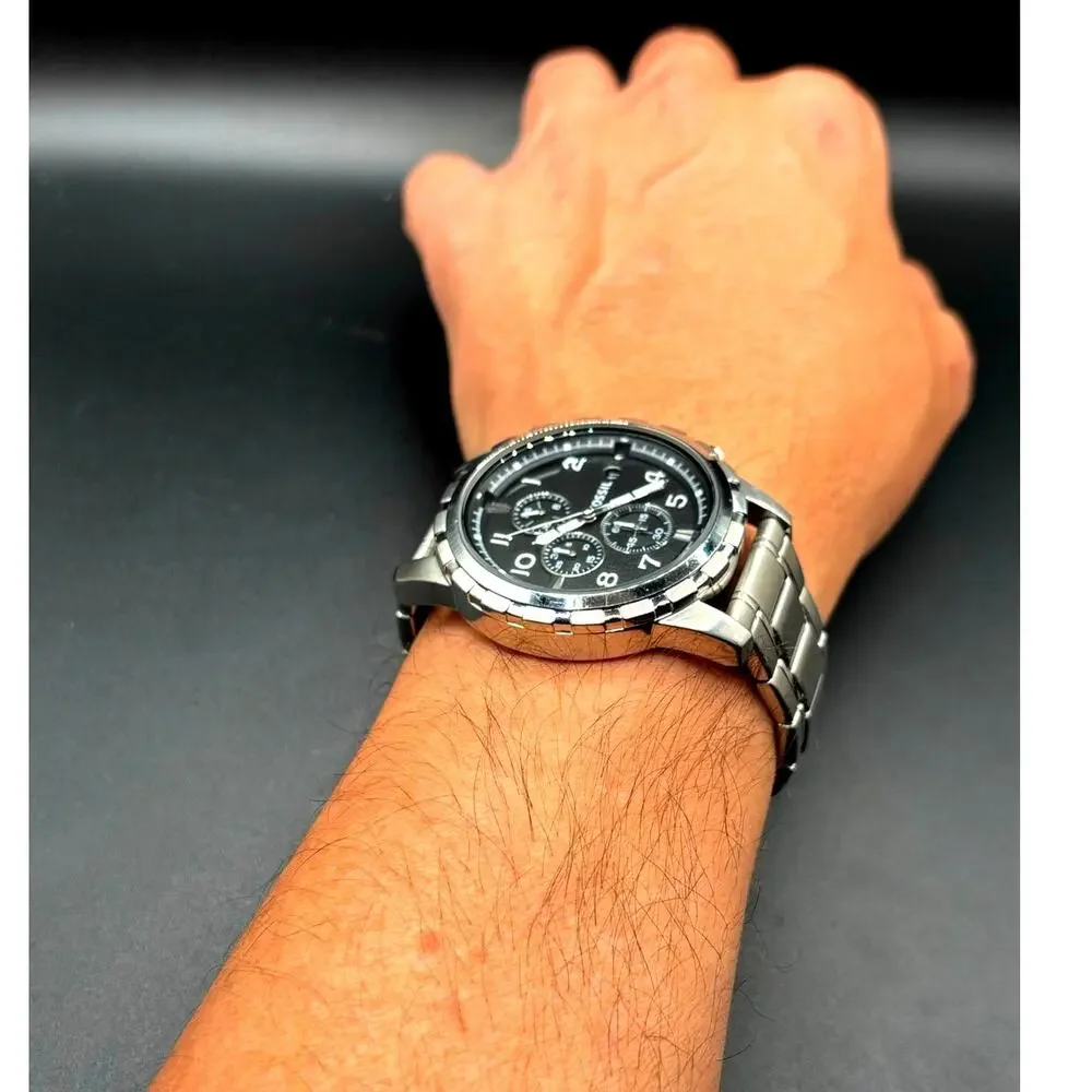 Fossil Dean FS4542 Black Chronograph Silver Tone Stainless Steel Watch 45mm